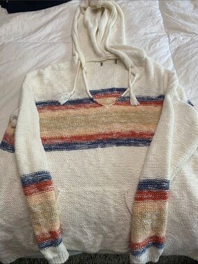 Source Unknown Cream Hooded Turtleneck Sweater with Navy and Rust Stripes